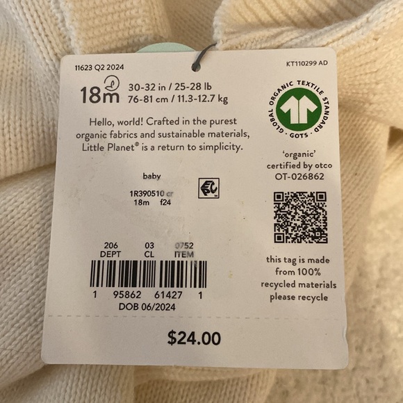 Little Planet by Carter's Organic Baby Sweater Pram Coveralls - Cream 18M - Picture 8 of 8